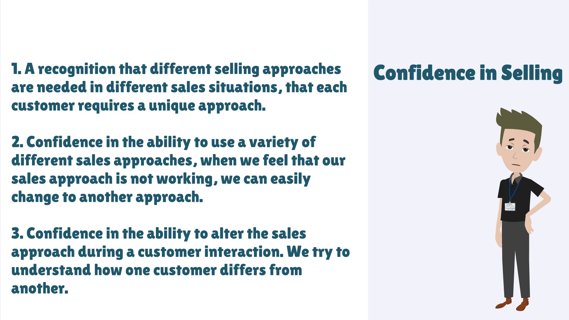 1. A recognition that different selling approaches
are needed in different sales situations, that each
customer requires a unique approach.

2. Confidence in the ability to use a variety of
different sales approaches, when we feel that our
sales approach is not working, we can easily
change to another approach.

3. Confidence in the ability to alter the sales
approach during a customer interaction. We try to
understand how one customer differs from
another.

Confidence in Selling

oD
vw