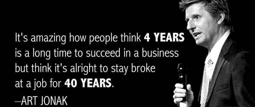 It's amazing how people think 4 YEARS
is a long time to succeed in a business
but think it's alright to stay broke

at a job for 40 YEARS. -
eS A