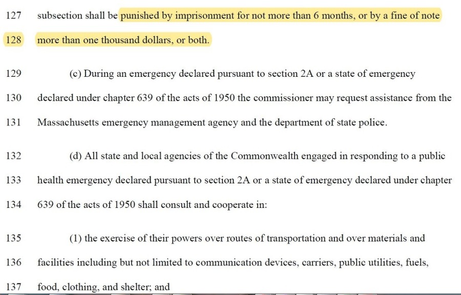 144

145

146

147

148

149

150

151

(c) All state and local agencies of the Commonwealth engaged in responding to a public
health emergency declared pursuant to section 2A or a state of emergency declared under
chapter 639 of the acts of 1950 are authorized to share and disclose information to the extent

necessary for the treatment, control, and investigation of the emergency.

(f) To the extent practicable consistent with the protection of public health, prior to the
destruction of any property dunng the emergency, the department of public health or a local
public health authority shall institute appropriate civil proceedings against the property to be
destroyed in accordance with the existing laws and rules of the courts of this Commonwealth or
any such rules that may be developed by the courts for use during the emergency. Any property
acquired by the department of public health or a local public health authonty through such

proceedings shall, after entry of the decree, be disposed of by destruction as the court may direct