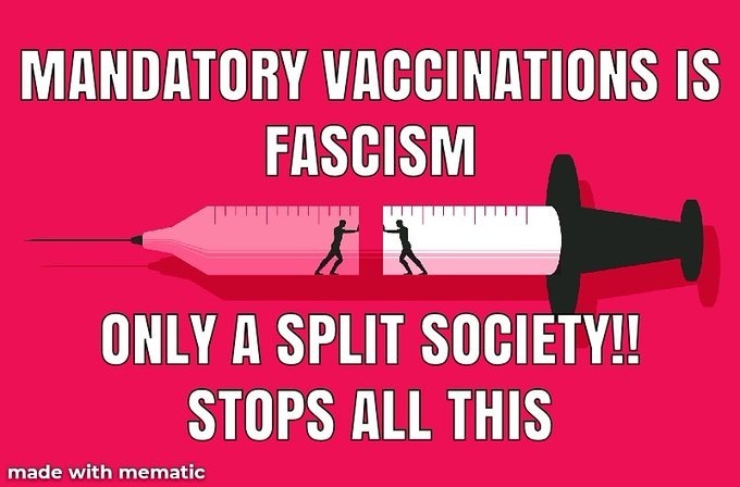 MANDATORY VACCINATIONS IS
{NHN

EA
BA

ONLY A SPLIT SOCIETY!
STOPS ALL THIS

made with mematic