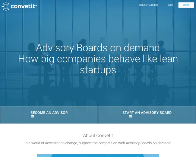 Advisory Boards on demand
How big companies behave like lean
startups

BECOME AN ADVISOR START AN ADVISORY BOARD.
= -