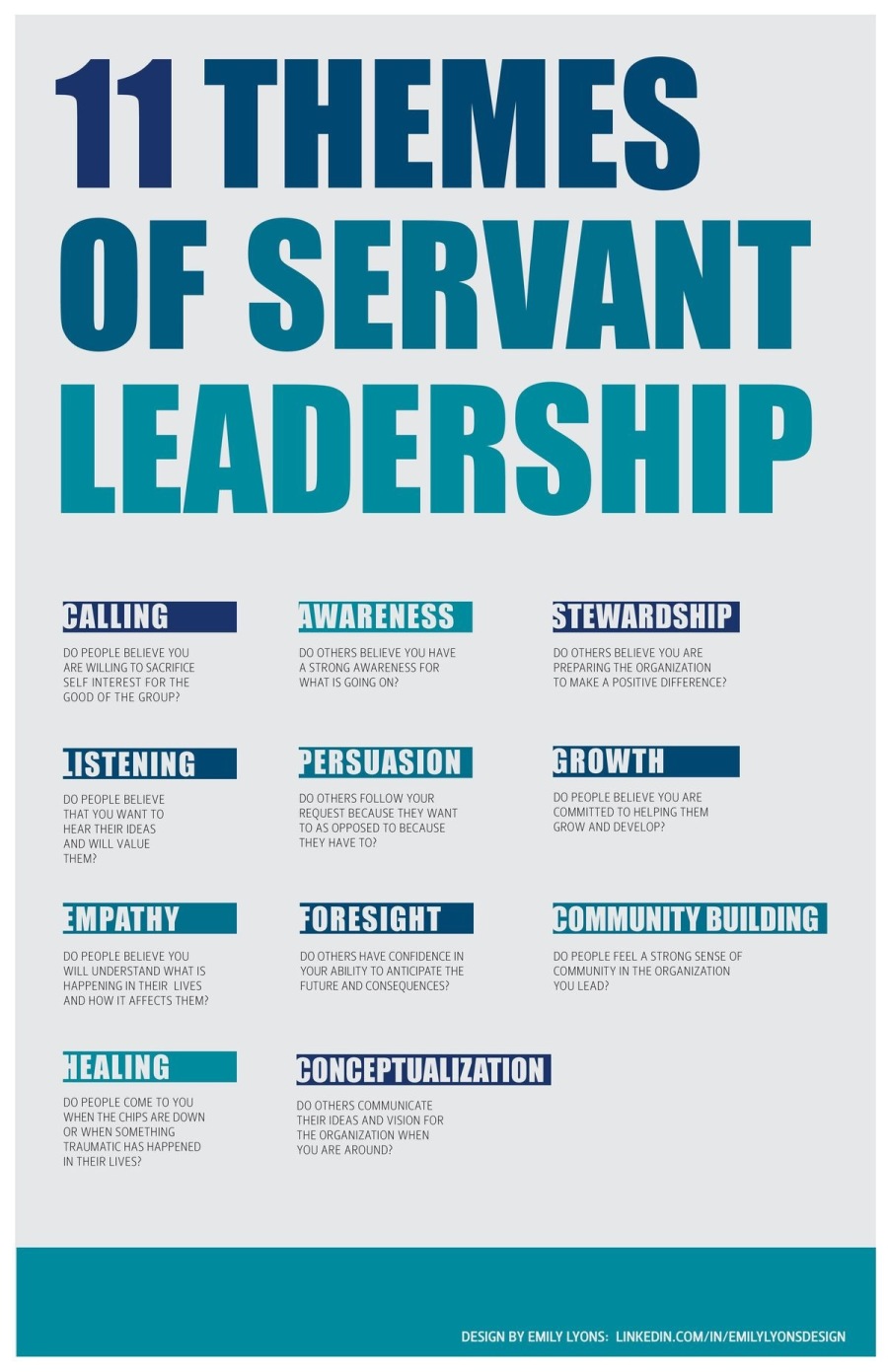 11 THEMES
OF SERVANT
LEADERSHIP

ITs TTIETESE SETHE

   

ITH HITTITE

  

ONCEPTUALIZATION

DESIGN BY EMILY LYONS: LINKEDIN COM/IN/EMILYLYONSDESIGN