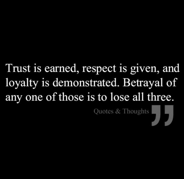 Trust is earned, respect is given, and
loyalty is demonstrated. Betrayal of
any one of those is to lose all three.