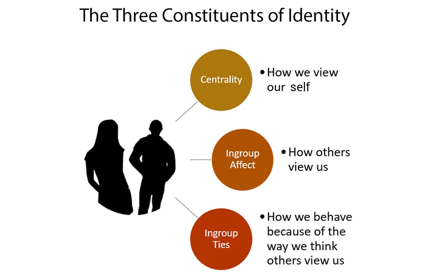 The Three Constituents of Identity

* How we view
our self

 

Ingroup * How others
Affect view us

 

* How we behave
Ingroup because of the
LES way we think
others view us