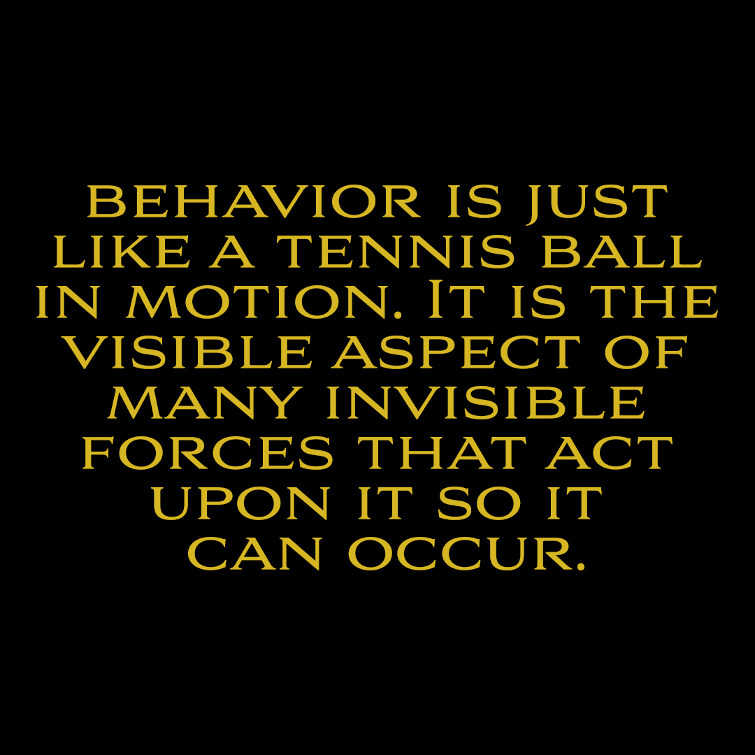 BEHAVIOR IS JUST
LIKE A TENNIS BALL
IN MOTION. IT IS THE
VISIBLE ASPECT OF
MANY INVISIBLE
FORCES THAT ACT
(O) {ON UNSTO NN)
CAN OCCUR.