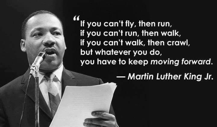 “i you can't fly, then run,

if you can't run, then walk,

if you can't walk, then crawl,

but whatever you do,

you have to keep moving forward.

— Martin Luther King Jr.