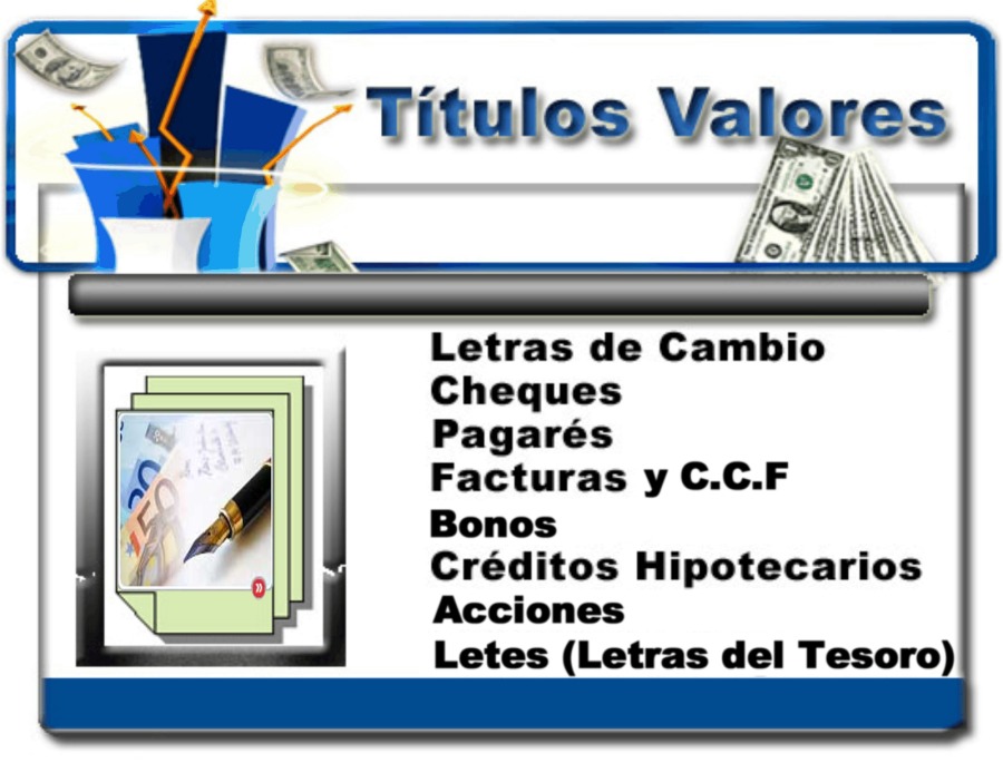 { py ‘Titulos Valgres

I,

Letras de Cambio
Cheques

Pagarés

Facturas y C.C.F

Bonos

Créditos Hipotecarios
Acciones

Letes (Letras del Tesoro)