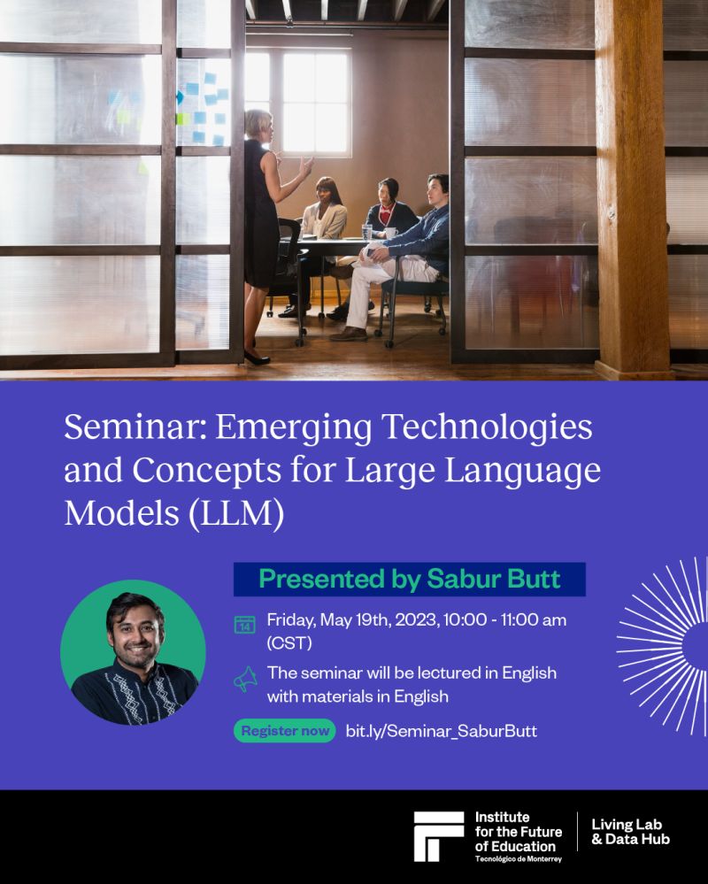 Seminar: Emerging Technologies
and Concepts for Large Language
Models (LLM)

Friday, May 19th, 2023, 10:00 - 1:00 am NN

gl (3) 2A
4 The seminar will be lectured in English Ee

LA with materials in English 2

oT IVER TET CE PS

  

| Living Lab

for the Future
nh PEA Le
a,