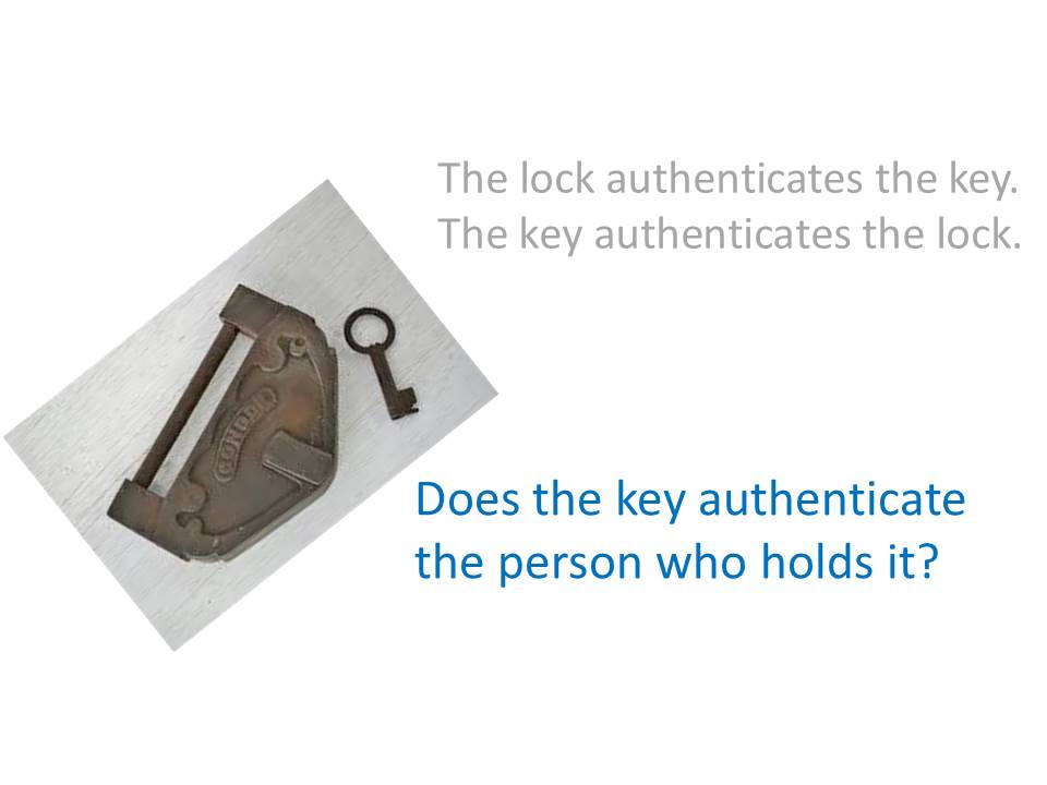 The lock authenticates the key.
The key authenticates the lock.

  

Does the key authenticate
the person who holds it? - The lock authenticates the key.
The key authenticates the lock.

  

Does the key authenticate
the person who holds it?