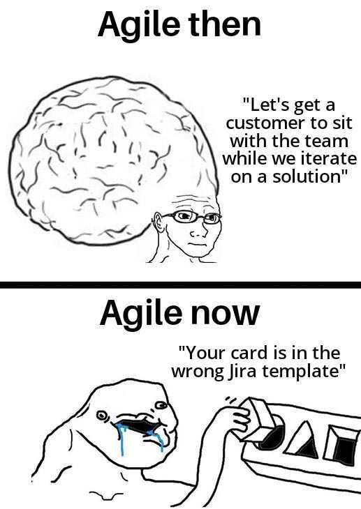 Imagen - Agile then

"Let's get a
customer to sit
with the team
while we iterate
on a solution”

 

 

Agile now

"Your card is in the
wrong Jira template”