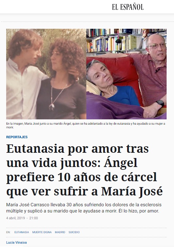 EL ESPANOL

 

Eutanasia por amor tras
una vida juntos: Angel
prefiere 10 anos de carcel
que ver sufrir a Maria José

Murcia
a mont £1la hizo, por amar