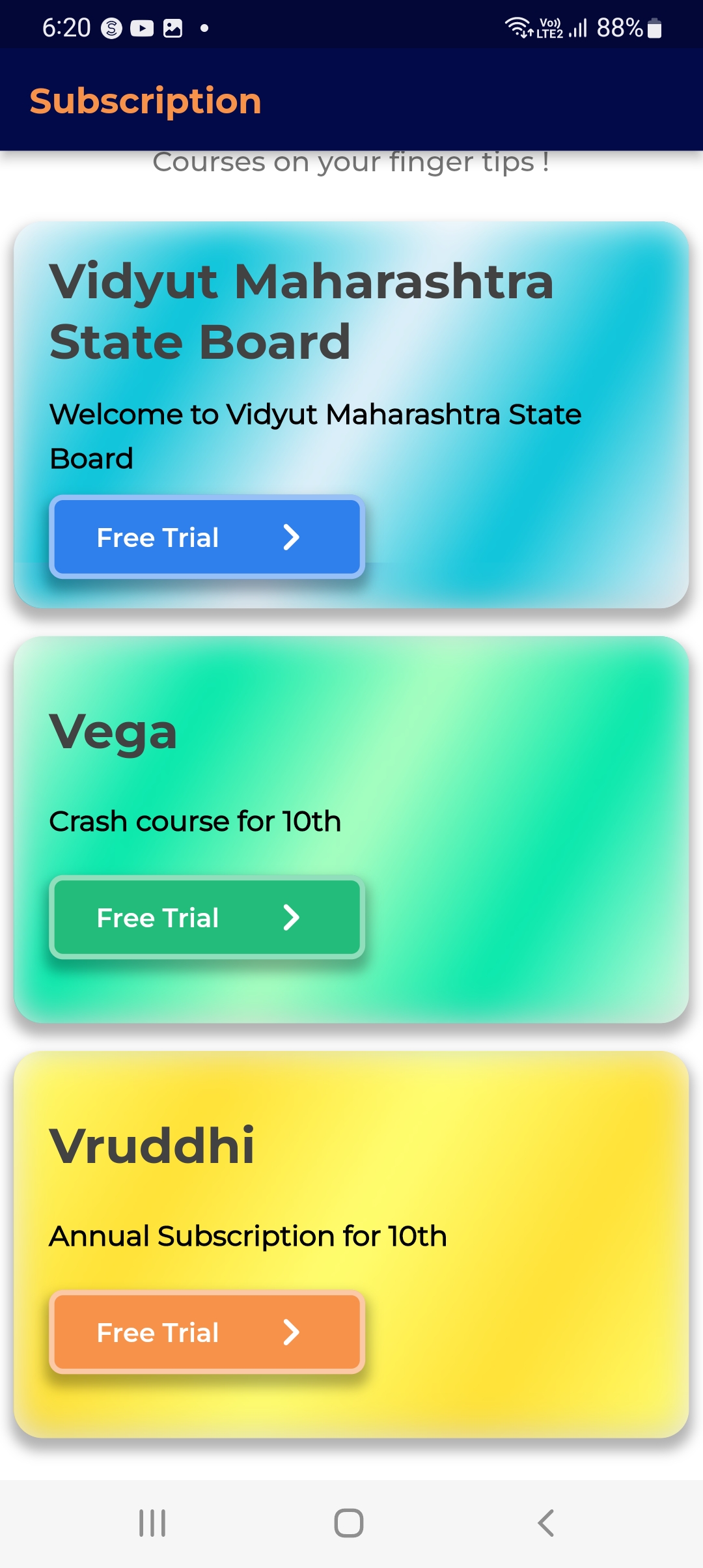SIN X- JL RIERA |

Subscription

   

ourses on your finger tips’!

Vidyut Maharashtra
State Board

Welcome to Vidyut Maharashtra State
Board

Free Trial &gt;

 

Vega

Crash course for 10th

Vruddhi

Annual Subscription for 10th