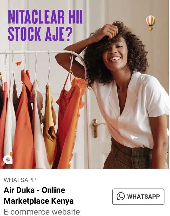 NITAGLEAR HII
STOCK AJE?

    

WHATSAPP

Air Duka - Online
Marketplace Kenya
E-commerce website

(O WHATSAPP