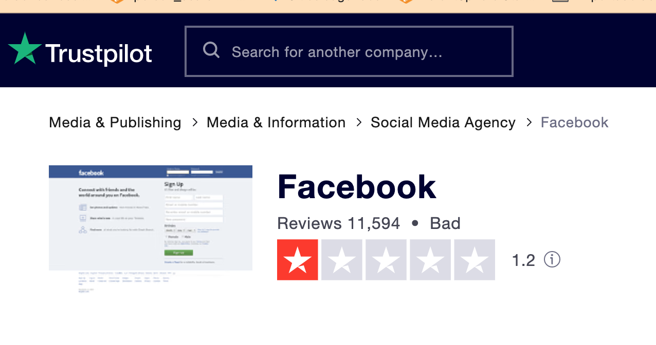 Trustpilot OO Re Te UAT EL

 

Media & Publishing > Media & Information > Social Media Agency > Facebook

WETS Facebook

Reviews 11,594 « Bad