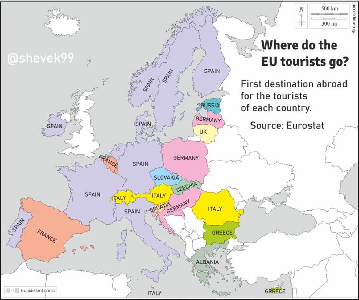 Where do the
EU tourists go?

First destination abroad
for the tourists
of each country.

Source: Eurostat