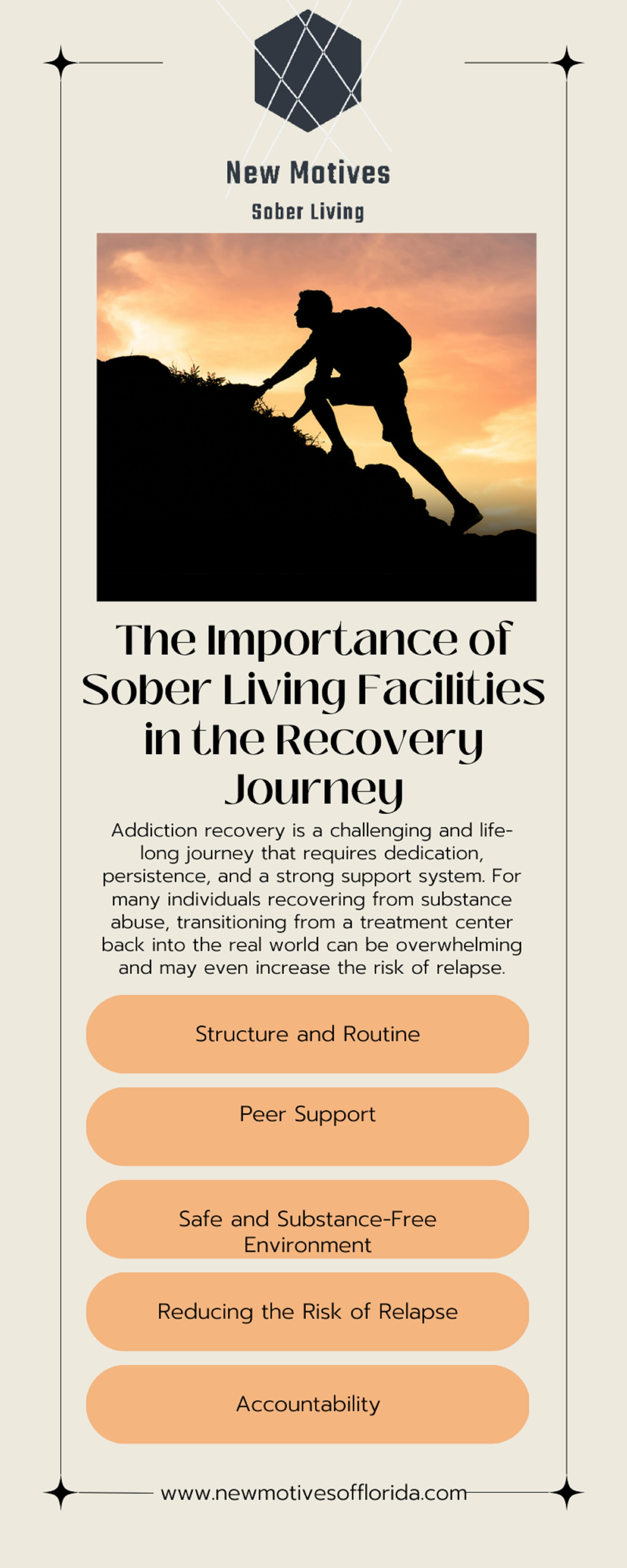 New Motives
Sober Living

 

The Importance of
Sober Living Facilities
in the Recovery
Journey

Addiction recovery is a challenging and life-
long journey that requires dedication,
persistence, and a strong support system. For
many individuals recovering from substance
abuse, transitioning from a treatment center
back into the real world can be overwhelming
and may even increase the risk of relapse.

Structure and Routine

Peer Support

Safe and Substance-Free
Environment

Reducing the Risk of Relapse

Accountability

 

+

www.newmotivesofflorida.com—————-