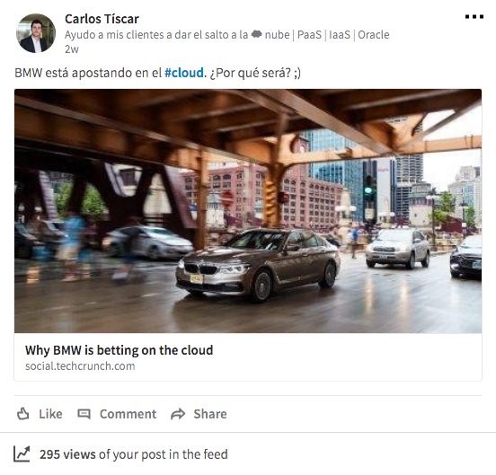 Why BMW 13 betting on the cloud

& Uke @ Comment gd Share

[2 295 views of your post the ‘eed