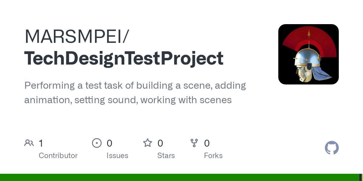 MARSMPEI/

TechDesignTestProject +

Performing a test task of building a scene, adding
animation, setting sound, working with scenes

A ®o 7 0 ¥ 0

Contributor ssues Stars Forks