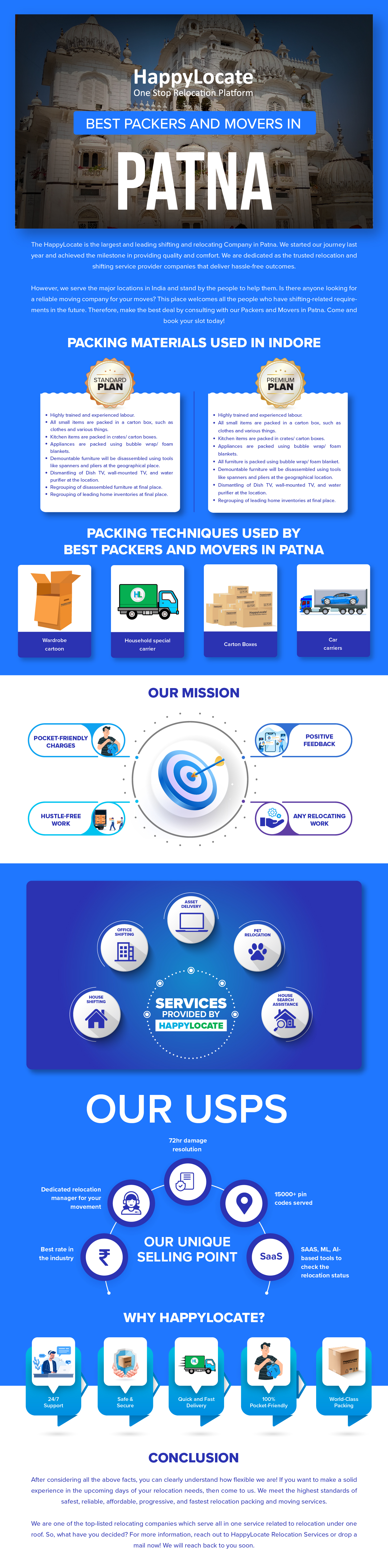 HappylLocate
One Stop Releecation Platform

BEST PACKERS AND MOVERS IN

PATNA

The Happylocate is the largest and leading shifting and relocating Company in Patna. We started our journey last
year and achieved the milestone in providing quality and comfort. We are dedicated as the trusted relocation and

shifting service provider companies that deliver hassle-free outcomes.

However, we serve the major locations in India and stand by the people to help them. Is there anyone looking for
a reliable moving company for your moves? This place welcomes all the people who have shifting-related require-
ments in the future. Therefore, make the best deal by consulting with our Packers and Movers in Patna. Come and

book your slot today!

PACKING MATERIALS USED IN INDORE

STANDARD PREMIUM
| PLAN

\ /

Highly trained and expenenced labour

All small tems are packed in a carton box, such as
clothes and various things

Kitchen ftems are packed in crates/ carton boxes
Appliances are packed using bubble wrap/ foam
blankets

Highly trained and expenenced labour
All small items are packed in a carton box, such as
clothes and various things

Kitchen items are packed in crates/ carton boxes
Appliances are packed using bubble wrap/ foam
blankets

 
    
   

Demountable furniture will be disassembled using tools
like spanners and pliers at the geographical place
Dwsmantling of Dish TV, wall-mounted TV. and water
purifier at the location

All furniture 1s packed using bubble wrap/ foam blanket
Demountable furniture will be disassembled using tools
like spanners and pliers at the geographical location
Regrouping of disassembled furniture at final place. Dismantling of Dish TV, wall-mounted TV, and water
Regrouping of leading home inventories at final place Purifierat the location;

Regrouping of leading home inventories at final place

 

PACKING TECHNIQUES USED BY
BEST PACKERS AND MOVERS IN PATNA

  

LIT ITS [ETECL Et] Car
) Carton Boxes )
cartoon carrier carners

OUR MISSION

POCKET-FRIENDLY POSITIVE
CHARGES FEEDBACK

HUSTLE-FREE ANY RELOCATING
WORK © WORK

 

EVE

® PROVIDEDBY @

Bl HAPPYLOCATE [K

 

OUR USP

72hr damage
resolution

Dedicated relocation
manager for your
[IT ET

15000+ pin
codes served

 

OUR UNIQUE

|: EEE E TC] SAAS, ML, Al-

the industry SELLING POINT based tools to

\ /
WHY HAPPYLOCATE?

)

Quick and Fast pel World-Class
Delivery Pocket-Friendly Packing

CONCLUSION

After considering all the above facts, you can clearly understand how flexible we are! If you want to make a solid

experience in the upcoming days of your relocation needs, then come to us. We meet the highest standards of

safest, reliable, affordable, progressive, and fastest relocation packing and moving services.

We are one of the top-listed relocating companies which serve all in one service related to relocation under one
roof. So, what have you decided? For more information, reach out to Happylocate Relocation Services or drop a

mail now! We will reach back to you soon.