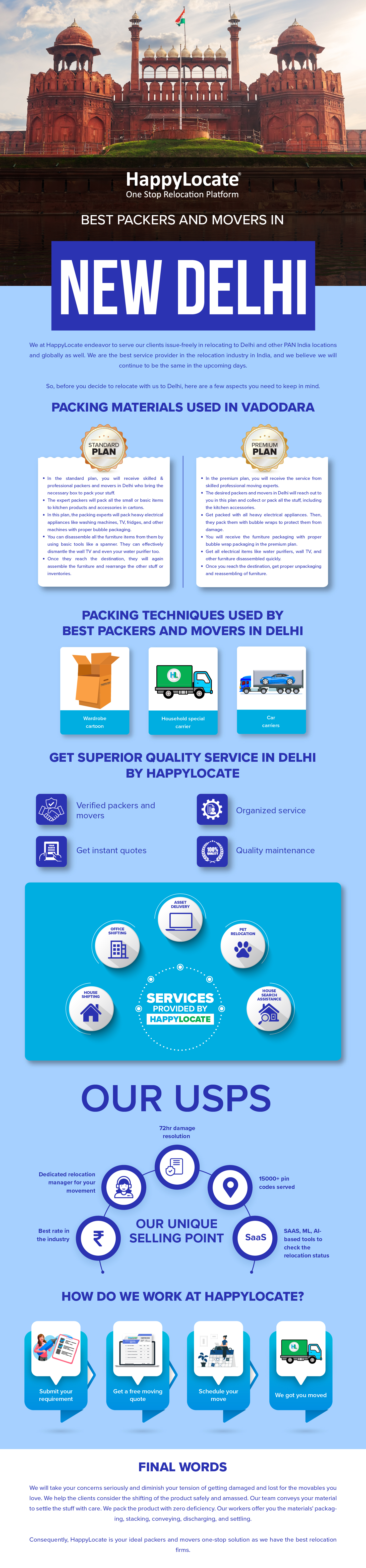 HappylLocate

One Stop Relocation Platform

BEST PACKERS AND MOVERS IN

NEW DELHI

We at HappylLocate endeavor to serve our clients issue-freely in relocating to Delhi and other PAN India locations

 

and globally as well. We are the best service provider in the relocation industry in India, and we believe we will

continue to be the same in the upcoming days.

So, before you decide to relocate with us to Delhi, here are a few aspects you need to keep in mind.

PACKING MATERIALS USED IN VADODARA

4 ni} PREMIUM \
Uo PLAN
) \

ein the standard plan, you wall receive skilled & In the premium plan, you will recerve the service from

onal packers and movers in Delhi who bring the skilled professional moving experts

 

y box to pack your stuff The desired packers and movers in Delhi will reach out to

   

« The expert packers will pack all the small or basic items you in this plan and collect or pack all the stuff, including

 

to kitchen products and a the kitchen accessories

In this plan, the packing experts

Get packed with all heavy electncal appliances Then,

 
 

ck heavy electrical

    
  
    

appliances like washing machines, TV, fndges, and other they pack them with bubble wraps to protect them from
mac 1th proper bubble packaging damage

* You emble all the furniture items from them by © You will receve the furniture packaging with proper
using basic tools like a spanner They can effectively bubble wrap packaging in the premium plan
dismantle the wall TV and even your water purifier too. * Get all electrical like water purifiers, wall TV, and

   

« Or they reach the destination, they will again other furniture d

 

bled quickly

  
 

  

smble the furniture and rearrange the other stuff or * Once you reach the destination, get proper unpackaging

inventones and reassembling of furniture

 

  

PACKING TECHNIQUES USED BY
BEST PACKERS AND MOVERS IN DELHI

-

=
Wardrobe Household special
cartoon carrier

 

GET SUPERIOR QUALITY SERVICE IN DELHI
BY HAPPYLOCATE

Verified packers and 0) nee
movers

iE Get instant quotes

(=) Quality maintenance

  

ASSET
DELIVERY

‘ SERVICES
J PROVIDED BY ®

 

OUR US

72hr damage
resolution

  
   
 
  
 

Dedicated relocation
manager for your
movement

15000+ pin
codes served

  

OUR UNIQUE

  

Best rate in SAAS, ML, Al-
the industry SELLING POINT based tools to
check the

relocation status

HOW DO WE WORK AT HAPPYLOCATE?

RIV TRV] Get a free moving Schedule your

(CIE EGTS Te pitsnin We got you moved

  

FINAL WORDS

We will take your concerns seriously and diminish your tension of getting damaged and lost for the movables you
love. We help the clients consider the shifting of the product safely and amassed. Our team conveys your material
to settle the stuff with care. We pack the product with zero deficiency. Our workers offer you the materials’ packag-

ing, stacking, conveying, discharging, and settling

Consequently, HappyLocate is your ideal packers and movers one-stop solution as we have the best relocation

firms