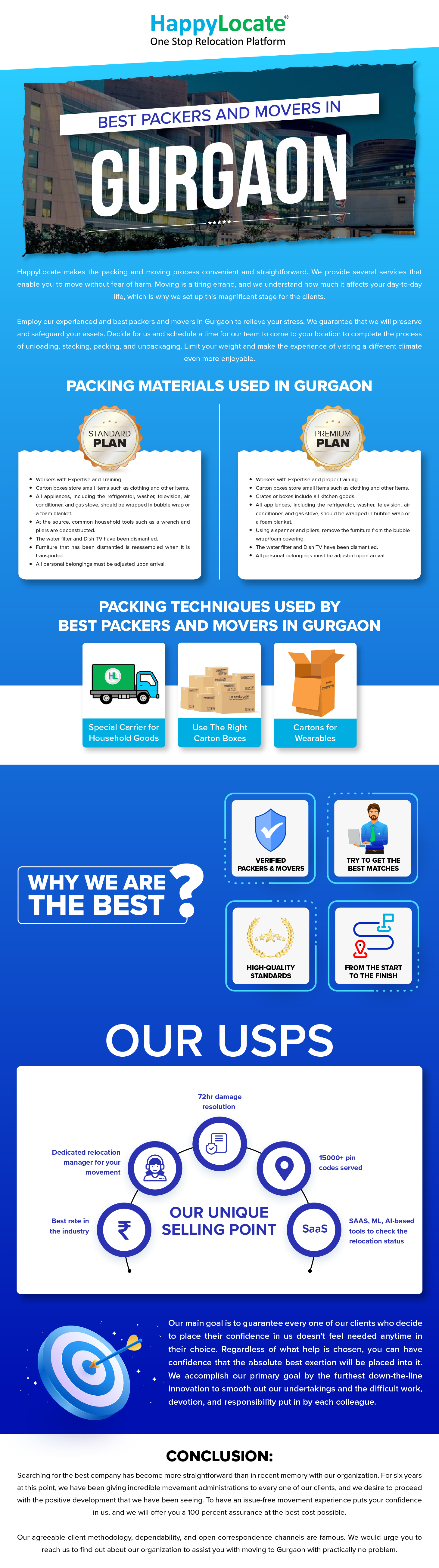 HappylLocate

One Stop Relocation Platform

 

Happylocate makes the packing and moving process convenient and straightforward. We provide several services that
enable you to move without fear of harm. Moving is a tiring errand, and we understand how much it affects your day-to-day

life, which is why we set up this magnificent stage for the clients.

Employ our experienced and best packers and movers in Gurgaon to relieve your stress. We guarantee that we will preserve
and safeguard your assets. Decide for us and schedule a time for our team to come to your location to complete the process
of unloading, stacking, packing, and unpackaging. Limit your weight and make the experience of visiting a different climate

even more enjoyable.

PACKING MATERIALS USED IN GURGAON

STANDARD | PREMIUM
PLAN PLAN |

Workers with Expertise and Training Workers with Expertise and proper training
Carton boxes store small tems such as clothing and other tems. Carton boxes store small items such as clothing and other items
All appliances, including the refrigerator, washer, television, air Crates or boxes include all kitchen goods

conditioner, and gas stove, shouk be wrapped in bubble wrap or All appliances. including the refrigerator, washer, television, air
a foam blanket conditioner, and gas stove, should be wrapped in bubble wrap of
At the source, common household tools such as a wrench and a foam blanket

pliers are deconstructed Using a spanner and pliers, remove the furniture from the bubble
The water filter and Dish TV have been dismantled wrap/toam covenng

Furniture that has been dismantled is reassembled when it is The water filter and Dish TV have been dismantled

transported All personal belongings must be adjusted upon arrival

All personal belongings must be adjusted upon arrival

 

 

PACKING TECHNIQUES USED BY
BEST PACKERS AND MOVERS IN GURGAON

Special Carrier for Use The Right Cartons for
Household Goods Carton Boxes Wearables

 

Q
Wj

VERIFIED TRY TO GET THE
PACKERS & MOVERS BEST MATCHES

 

WHY WE ARE
THE BEST

 

5
&

HIGH-QUALITY FROM THE START
STANDARDS TO THE FINISH

 

72hr damage
resolution

Dedicated relocation
manager for your
movement

15000+ pin
codes served

OUR UNIQUE

Best rate in SAAS, ML, Al-based

the industry SELLING POINT tools to check the

relocation status

 

o Our main goal is to guarantee every one of our clients who decide
4 ) y) to place their confidence in us doesn't feel needed anytime in
= their choice. Regardless of what help is chosen, you can have
confidence that the absolute best exertion will be placed into it.
. + We accomplish our primary goal by the furthest down-the-line
innovation to smooth out our undertakings and the difficult work,

Ny E devotion, and responsibility put in by each colleague.

CONCLUSION:

Searching for the best company has become more straightforward than in recent memory with our organization. For six years

at this point, we have been giving incredible movement administrations to every one of our clients, and we desire to proceed

with the positive development that we have been seeing. To have an issue-free movement experience puts your confidence

in us, and we will offer you a 100 percent assurance at the best cost possible.

Our agreeable client methodology, dependability, and open correspondence channels are famous. We would urge you to

reach us to find out about our organization to assist you with moving to Gurgaon with practically no problem.