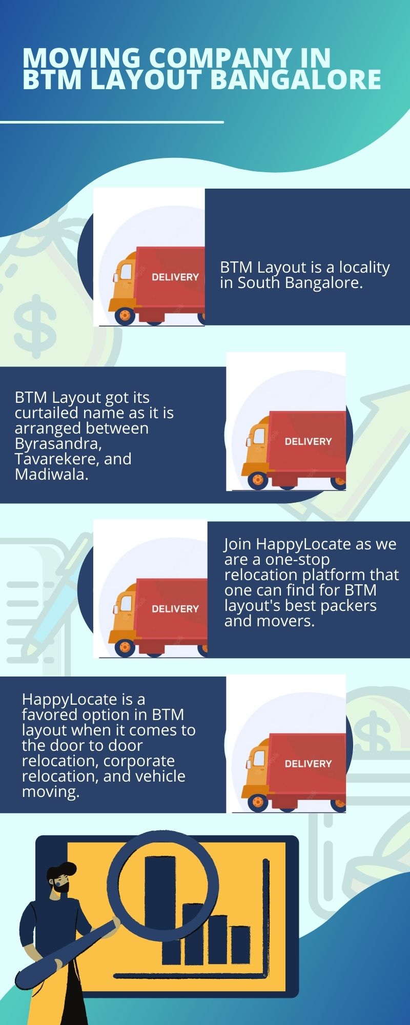 BTM Layout got its
curtailed name as it is
arranged between
Byrasandra,
Tavarekere, and
Madiwala.

DELIVERY

Happylocate is a
favored option in BTM
layout when it comes to
the door to door
relocation, corporate

relocation, and vehicle

moving.

BTM Layout is a locality
in South Bangalore.

Join HappyLocate as we
are a one-stop
relocation platform that
one can find for BTM
layout's best packers
and movers.