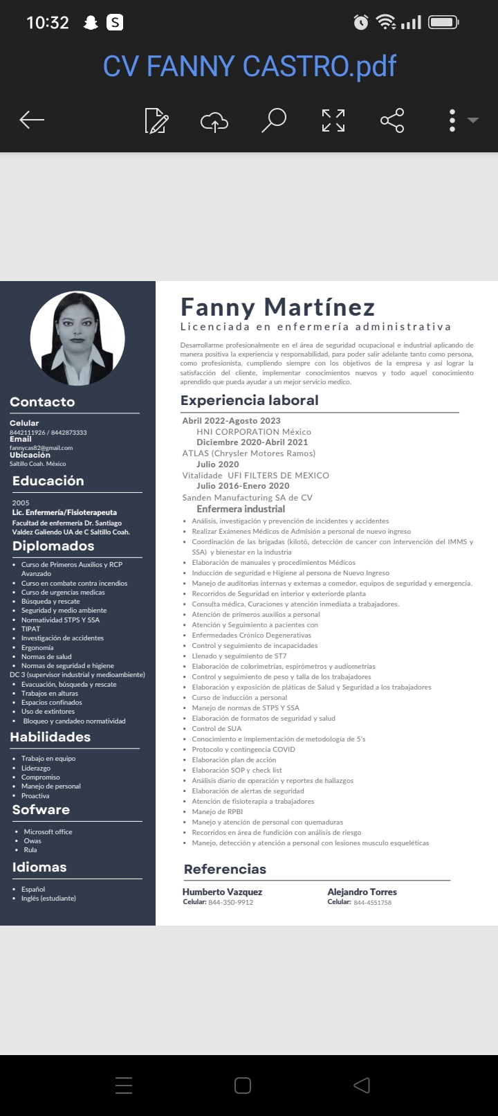10:32 &

 

Fanny Martine

Contacto Experiencia laboral

 

Diplomados

Habilidades

Idiomas Referencias

Humberto Vazquez Alejandro Torres