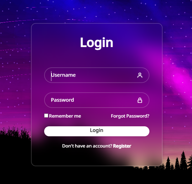 Login

Username Py
[ZEN] a
[LER Forgot Password?

Don't have an account? Register

L ae