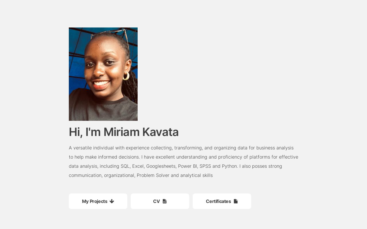 Hi, I'm Miriam Kavata

My Projects + cv Centfficates B