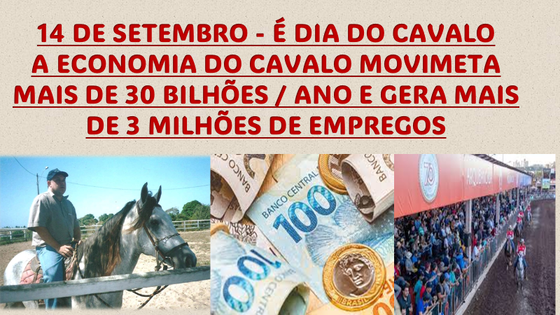 14 DE SETEMBRO - £ DIA DO CAVALO
A ECONOMIA DO CAVALO MOVIMETA

 

 

MAIS DE 30 BILHOES / ANO E GERA MAIS