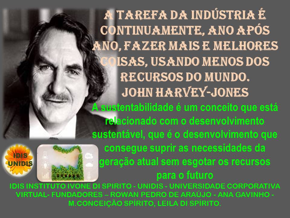 TAREFA DA INDUSTRIA £
CONTINUAMENTE, ANO APOS
0,FAZER MAIS E MELHORES
AS, USANDO MENOS DOS
RECURSOS DO MUNDO.
JOHN HARVEY-JONES
tentabilidade é um conceito que esta
cionado com o desenvolvimento
sustentavel, que é o desenvolvimento que
( consegue suprir as necessidades da
geragao atual sem esgotar os recursos
para o futuro
IDIS INSTITUTO IVONE DI SPIRITO - UNIDIS - UNIVERSIDADE CORPORATIVA
VIRTUAL- FUNDADORES - ROWAN PEDRO DE ARAUJO - ANA GAVINHO -
M.CONCEIGAO SPIRITO, LEILA DI SPIRITO
: »