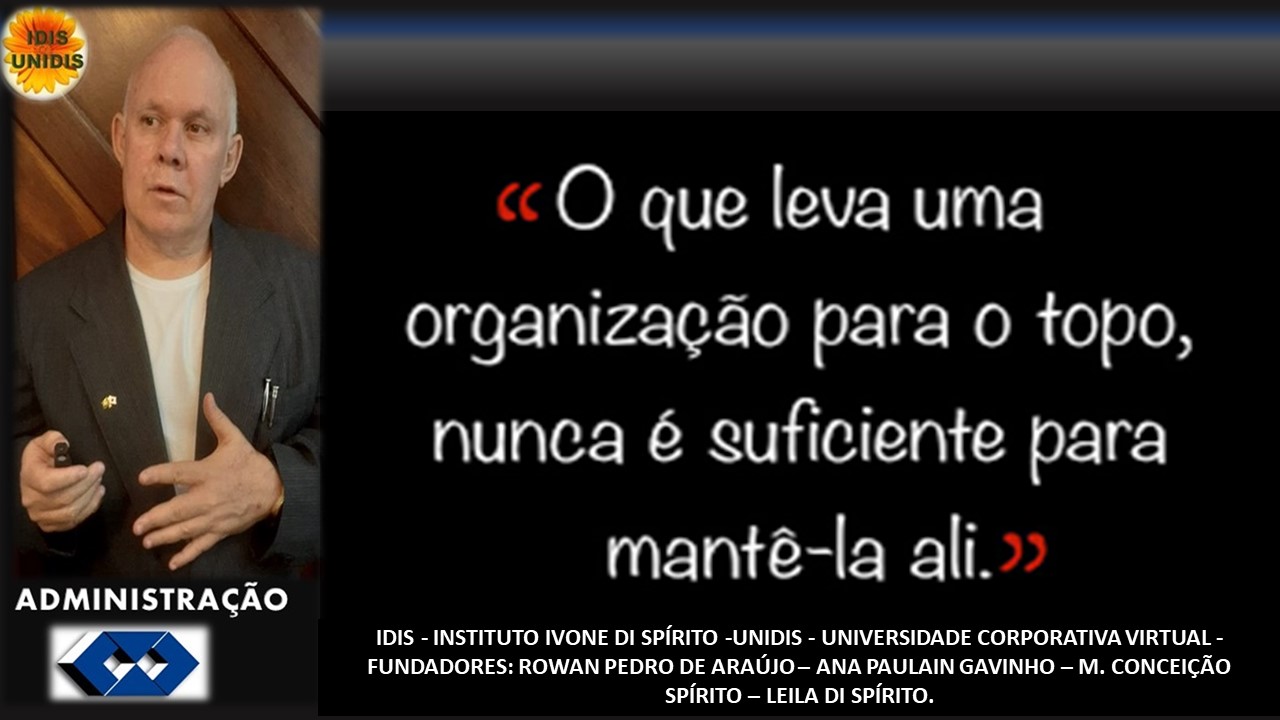 O que leva uma
organizagao para o topo,
nunca é guficiente para
manteé-la ali.
ADMINISTRAGAO
1DIS - INSTITUTO IVONE DI SPIRITO -UNIDIS - UNIVERSIDADE CORPORATIVA VIRTUAL -
FUNDADORES: ROWAN PEDRO DE ARAUJO — ANA PAULAIN GAVINHO - M. CONCEIGAO
SPIRITO — LEILA DI SPIRITO.