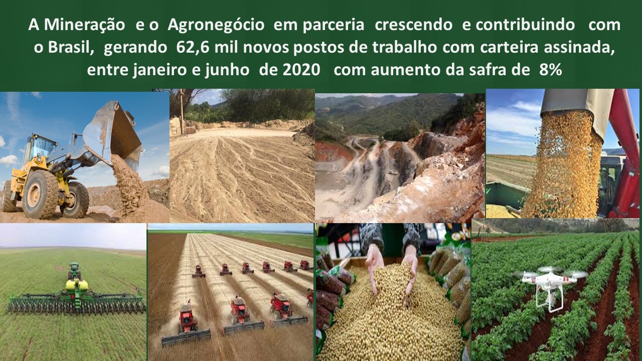 A Mineragdo e o Agronegocio em parceria crescendo e contribuindo com
o Brasil, gerando 62,6 mil novos postos de trabalho com carteira assinada,
entre janeiro e junho de 2020 com aumento da safra de 8%