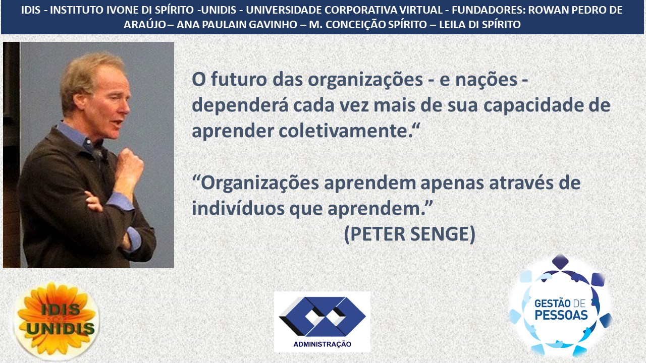 IDIS - INSTITUTO IVONE DI SPIRITO -UNIDIS - UNIVERSIDADE CORPORATIVA VIRTUAL - FUNDADORES: ROWAN PEDRO DE
ARAUJO- ANA PAULAIN GAVINHO — M. CONCEIGAO SPIRITO — LEILA DI SPIRITO
O futuro das organizagées - e nagoes -
dependera cada vez mais de sua capacidade de
aprender coletivamente.”
“Organizagoes aprendem apenas através de
individuos que aprendem.”
(PETER SENGE)
@
Twa
GESTAO 1 \
££ PESSOAS <
a <
