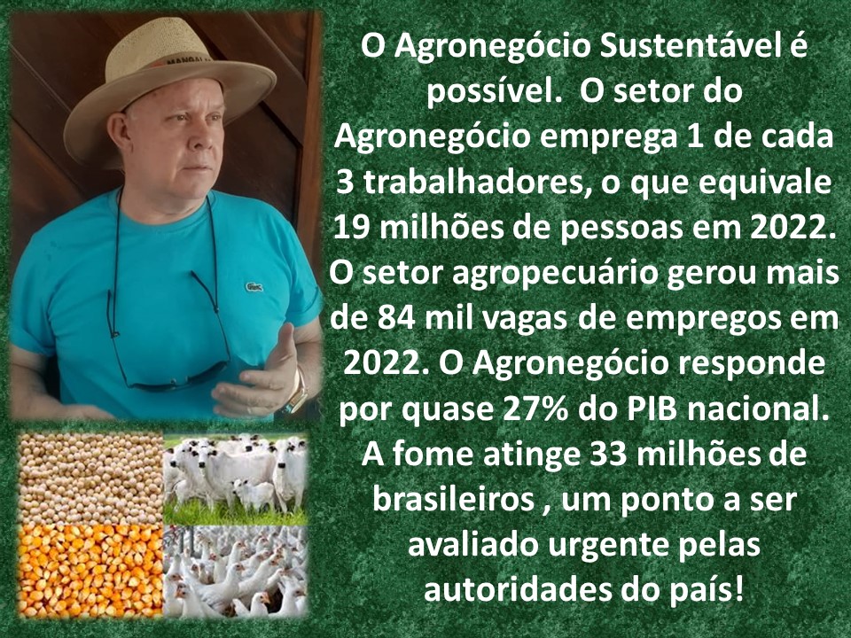 EN O Agronegocio Sustentavel é

nw possivel. O'setor do
4 Agronegdcio emprega 1 de cada
d 3 trabalhadores, o que equivale

19 milhGes de pessoas em 2022.
PNET Cy agropecuario gerou mais
A de 84 mil vagas de empregos em
2022. O.Agronegocio responde
por quase 27% do PIB nacional.
A fome atinge 33 milhdes de
brasileiros , um ponto a ser
avaliado urgente pelas
autoridades do pais!