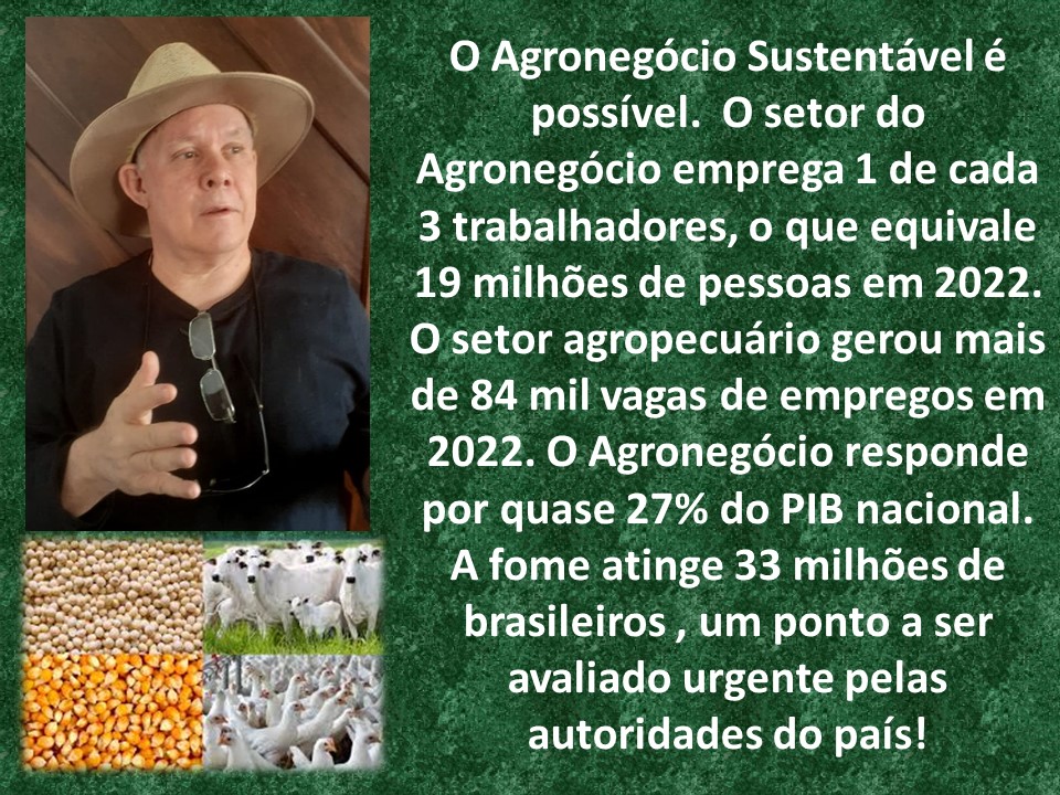 ; y uy O Agronegocio Sustentavel é

y possivel. O'setor do
It Agronegdcio emprega 1 de cada
E 3 trabalhadores, o que equivale
19 milhGes de pessoas em 2022.
O setor agropecuario gerou mais
4 ) de 84 mil vagas de empregos em
Ewe 2022. O.Agronegocio responde
. por quase 27% do PIB nacional.
A fome atinge 33 milhdes de
brasileiros , um ponto a ser
avaliado urgente pelas
autoridades do pais!