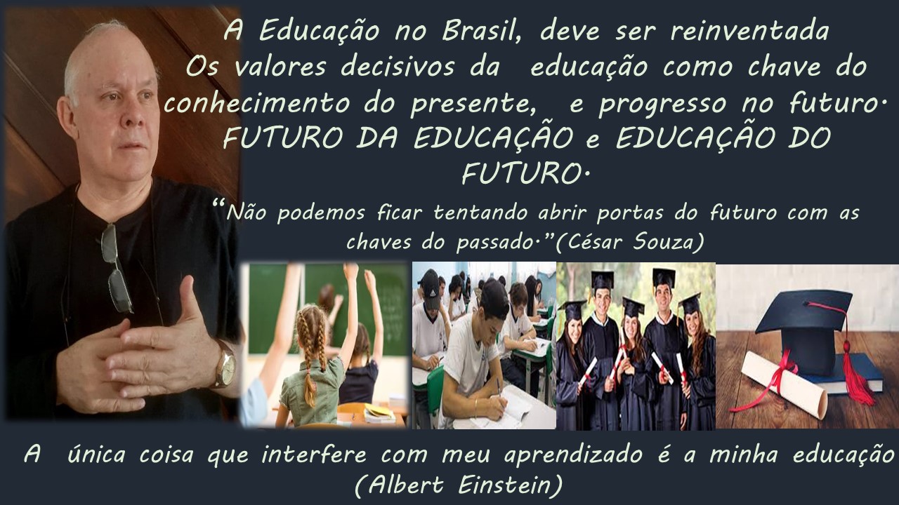 A Educac¢do no Brasil, deve ser reinventada
Os valores decisivos da educagdo como chave do
conhecimento do presente, e progresso no futuro:
FUTURO DA EDUCACAO e EDUCACAO DO
(AVY ox

“Nao podemos ficar tentando abrir portas do futuro com as
chaves do passado-" (César Souza)

      

| pi / \ ) A

ca A

A dnica coisa que interfere com meu aprendizado é a minha educagdo
(Albert Einstein)