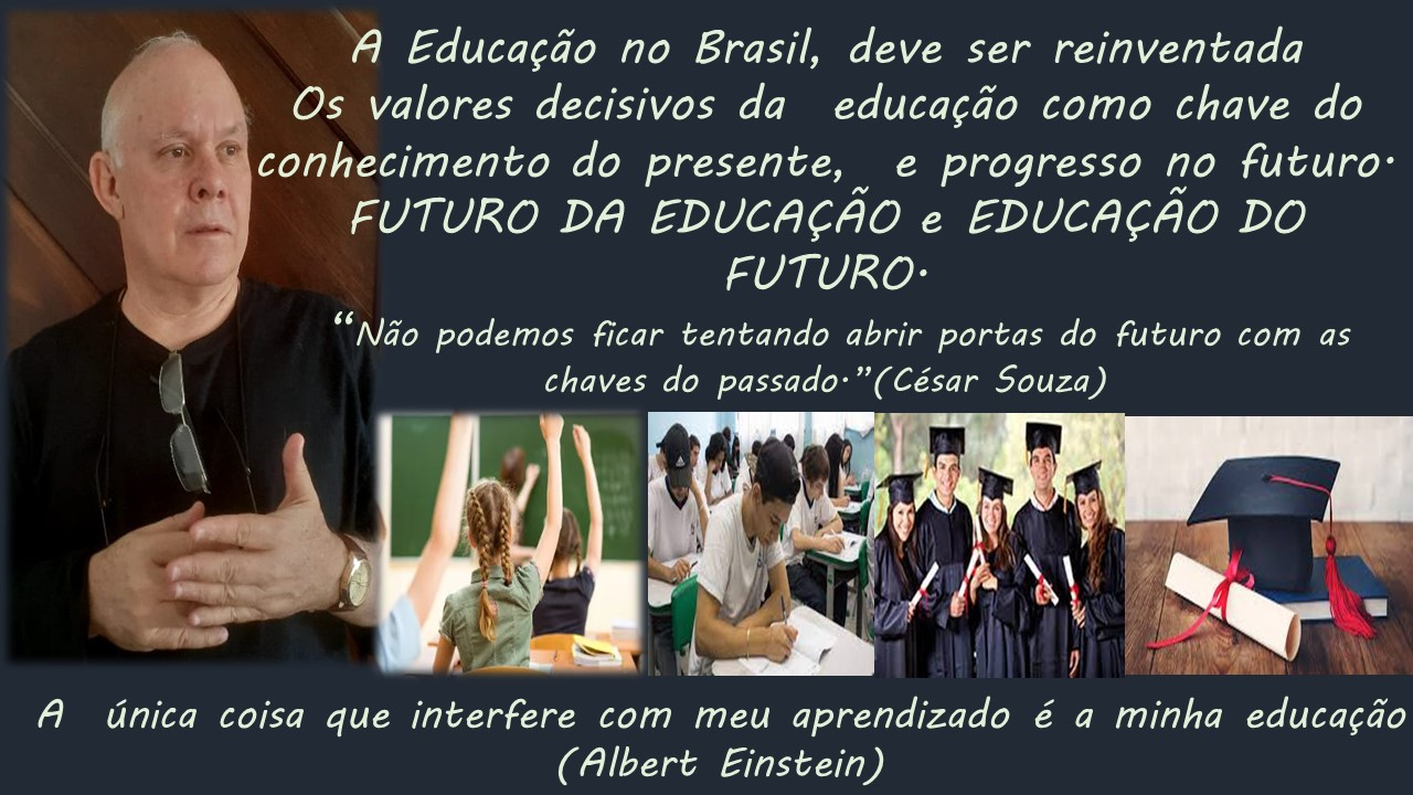 A Educac¢do no Brasil, deve ser reinventada
Os valores decisivos da educagdo como chave do
conhecimento do presente, e progresso no futuro:
FUTURO DA EDUCACAO e EDUCACAO DO
(AVY ox

“Nao podemos ficar tentando abrir portas do futuro com as
chaves do passado-” (César Souza)

      

& | p ) \ 1] A

ca I

A dnica coisa que interfere com meu aprendizado é a minha educagdo
(Albert Einstein)