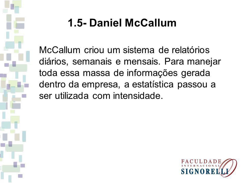 1.5- Daniel McCallum

McCallum criou um sistema de relatérios
diarios, semanais e mensais. Para manejar
toda essa massa de informagdes gerada
dentro da empresa, a estatistica passou a
ser utilizada com intensidade.

FACULDADE
aaa