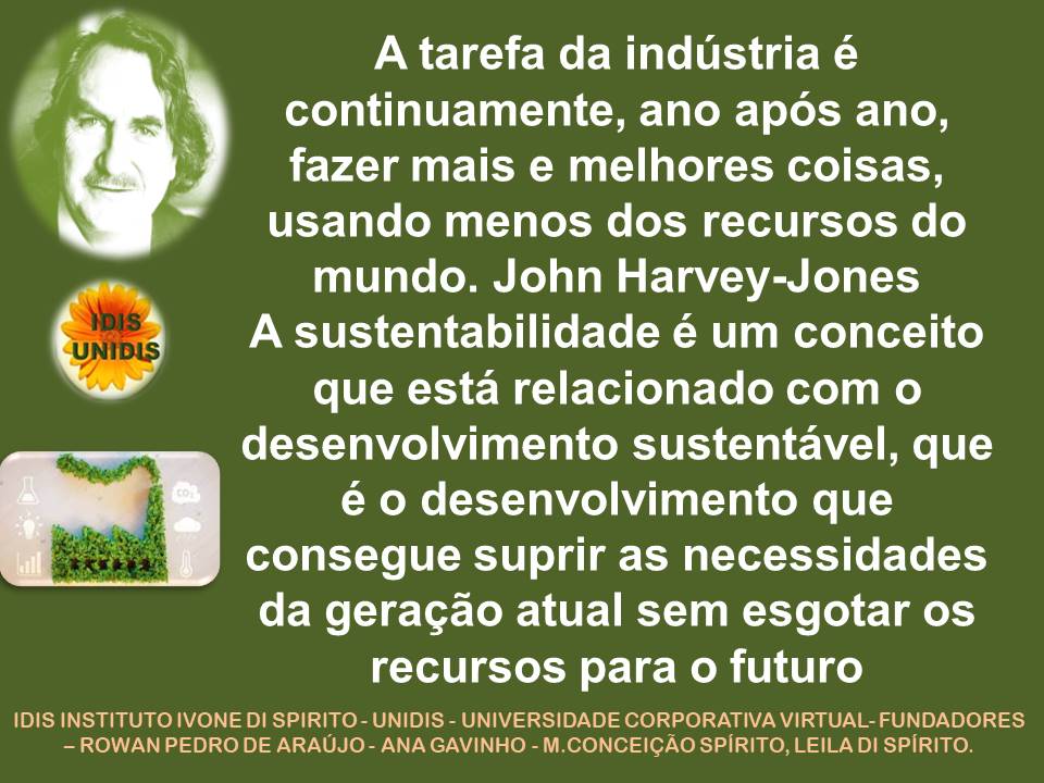 A tarefa da industria é
continuamente, ano apds ano,
fazer mais e melhores coisas,
usando menos dos recursos do
mundo. John Harvey-Jones
A sustentabilidade é um conceito
_ que esta relacionado com o
sii
desenvolvimento sustentavel, que
é o desenvolvimento que
consegue suprir as necessidades
da geragao atual sem esgotar os
recursos para o futuro
IDIS INSTITUTO IVONE DI SPIRITO - UNIDIS - UNIVERSIDADE CORPORATIVA VIRTUAL- FUNDADORES
- ROWAN PEDRO DE ARAUJO - ANA GAVINHO - M.CONCEICAO SPIRITO, LEILA DI SPIRITO.