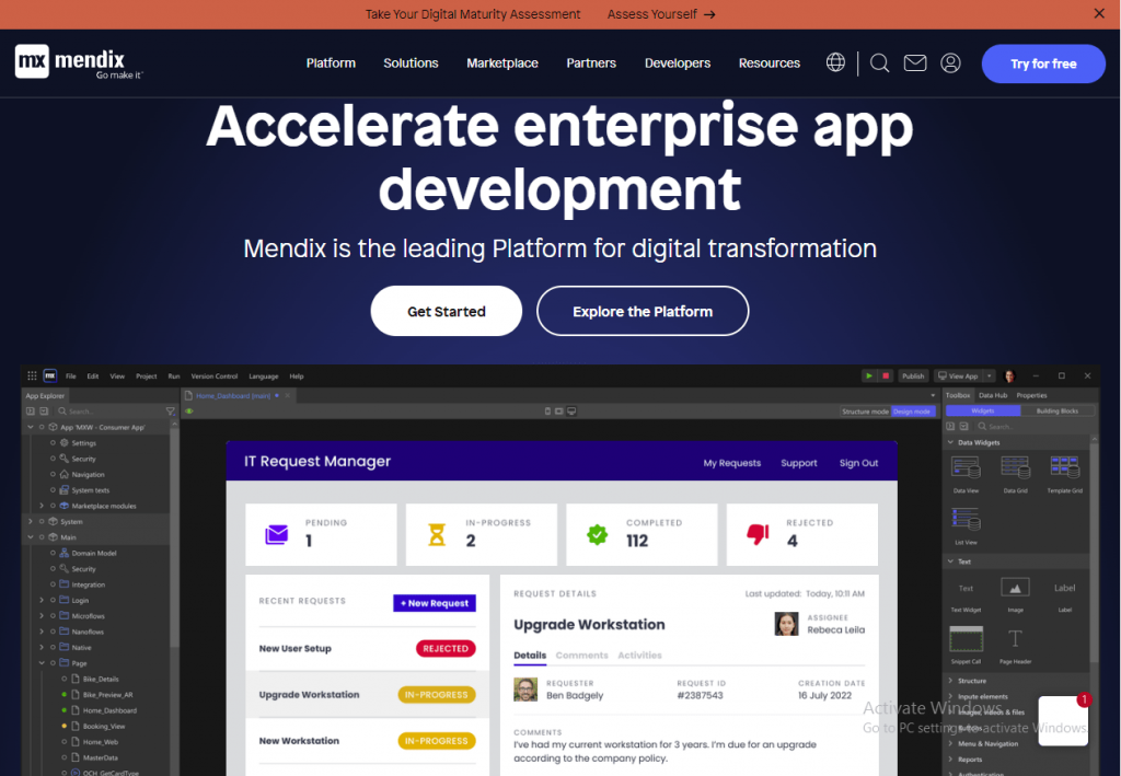Mendix - ro UTS - [OE SC — [US ] [Tre

Accelerate enterprise app
development

Mendix is the leading Platform for digital transformation

Get Started re CL]