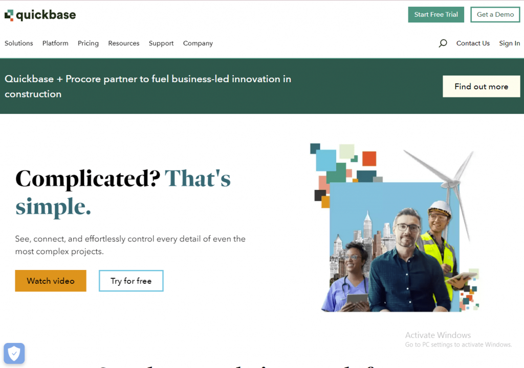 Quick Base - €! quickbase

Sokstions Platform Frcing Resources Support Company

Quickbase + Procore partner to fuel business-led innovation in

construction

 

 

 

 

 

Complicated? That's
simple.