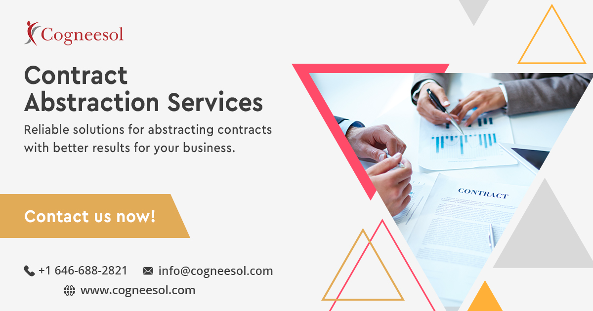 { Cogneesol /

Contract
Abstraction Services

Reliable solutions for abstracting contracts
with better results for your business.

 
  

PEIN

CONTRA

Contact us now! y
I

{, +1 646-688-2821 = info@cogneesol.com

 www.cogneesol.com 4