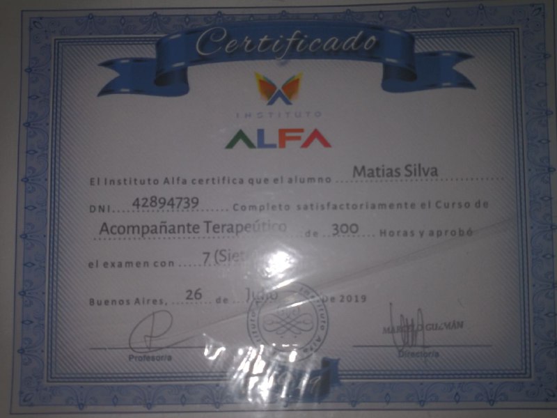 w

ALFA

Bl Instituto Alfa certificaqueels

oni... 42894739 sctoriamente ol Curse de

Matias Siva

n Ter AO
Acompanante Te 3 wocss yall

el examen con

Buenos Aires