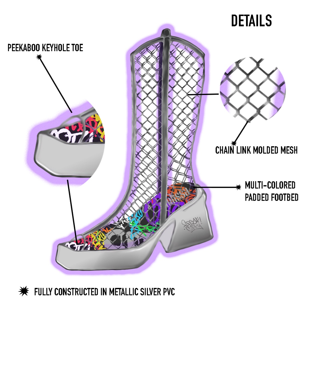 DETAILS

 
 
 
  
      

N\
Z

PEEKABOO KEYHOLE TOE

Davey
KK
LL

)

   
 
  

 

(2
a

   
 
 

or
CQ

CH NY
LHX:

CX

     
   
 

  
 

x
»

   

CHAIN LINK MOLDED MESH

C

 

4

(RK
K 4

=
5X5

9

   

X
5,
KO

   

5
2;
4

3 FULLY CONSTRUCTED IN METALLIC SILVER PVC

MULTI-COLORED
PADDED FOOTBED