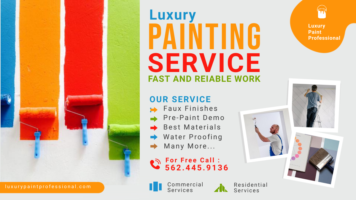 Luxury []

= PA NTING ©

8 SERVICE

FAST AND REIABLE WORK
hh gone a gre

   

OUR SERVICE
Faux Finishes f
Pre-Paint Demo
Best Materials
Water Proofing \.

Many More...

 

44833

J For Free Call :
CC 562.445.9136