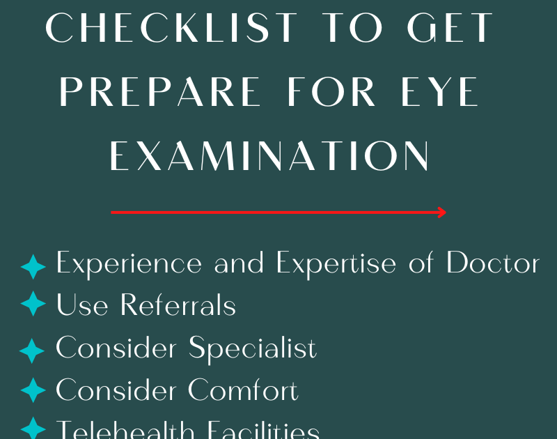 CHECKLIST TO GE
PREPARE FOR EYE
EXAMINATION

I xperience and txpertise of Doctor
Use Referrals

Consider Specialist

Consider Comfort

ITalohealthy Facilitieoo