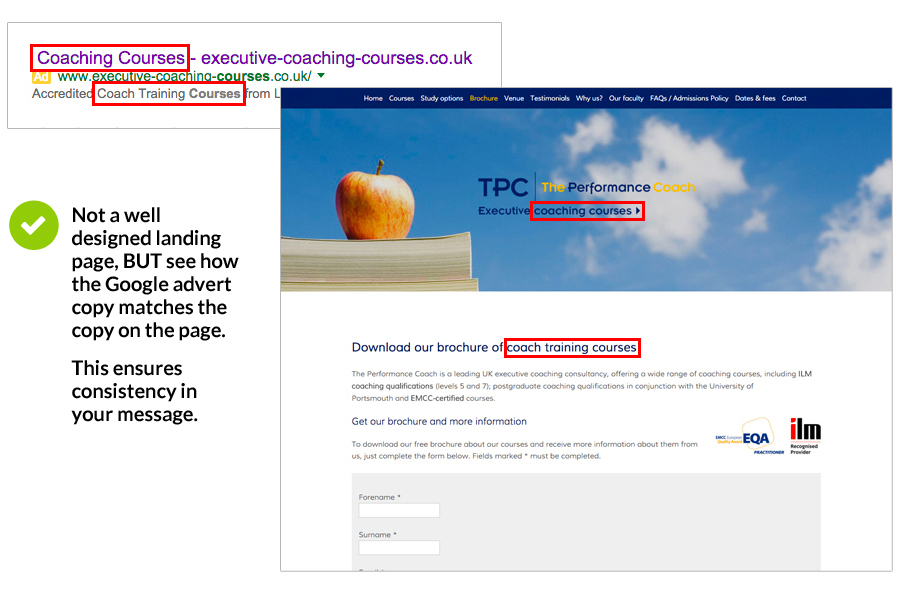 executive-coaching-courses co uk

  
  

uv

Not a well
designed landing
page, BUT see how
the Google advert
copy matches the
copy on the page.

This ensures
consistency in
your message.