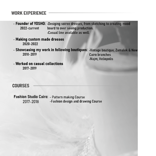 WORK EXPERIENCE

   
 

Fashion Studio Cana Patern makong Course
2m 208 ashen degn and dr ywing Course
