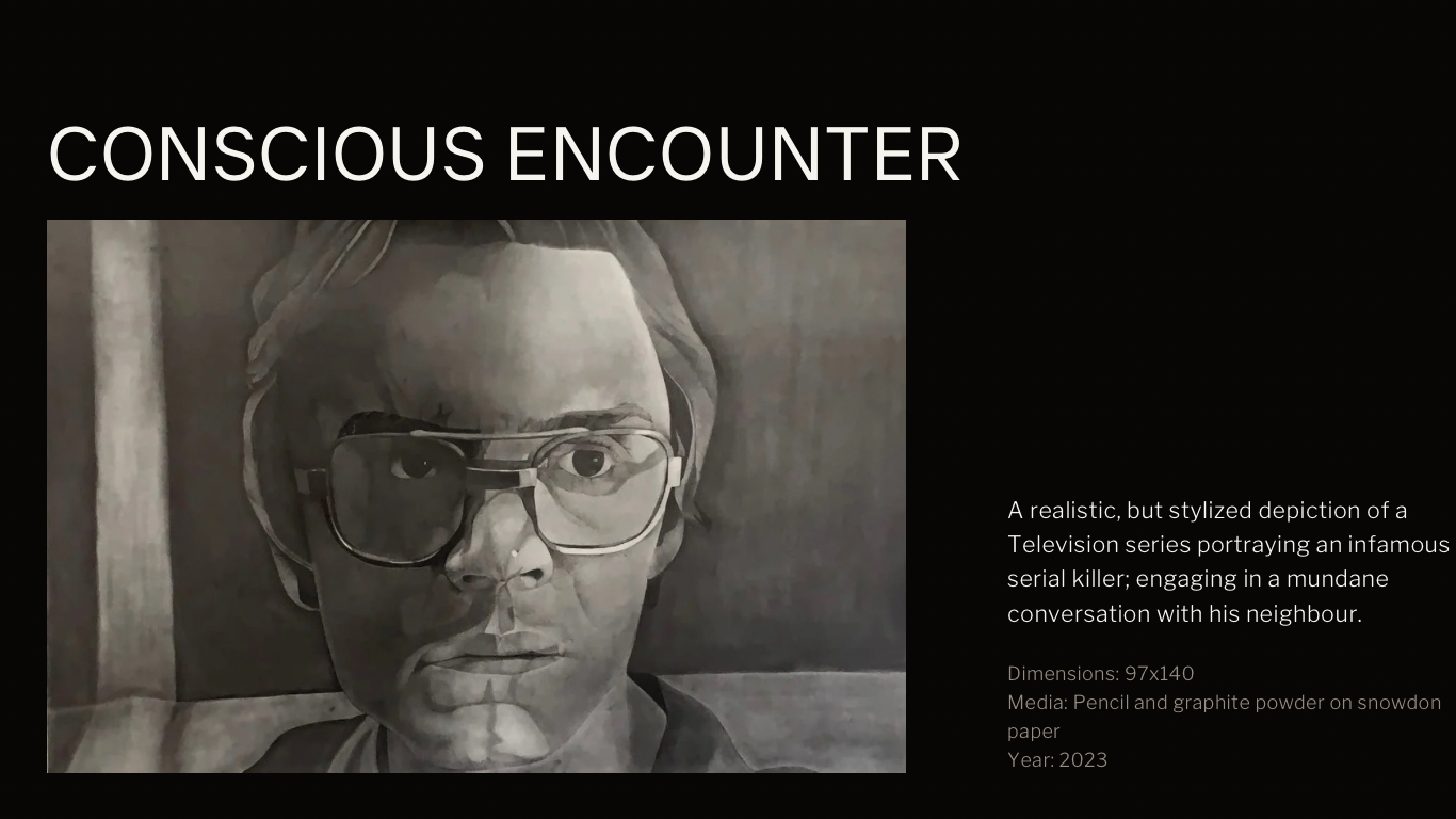 CONSCIOUS ENCOUNTER

 

A realistic, but stylized depiction of a
Television series portraying an infamous
serial killer; engaging in a mundane
conversation with his neighbour